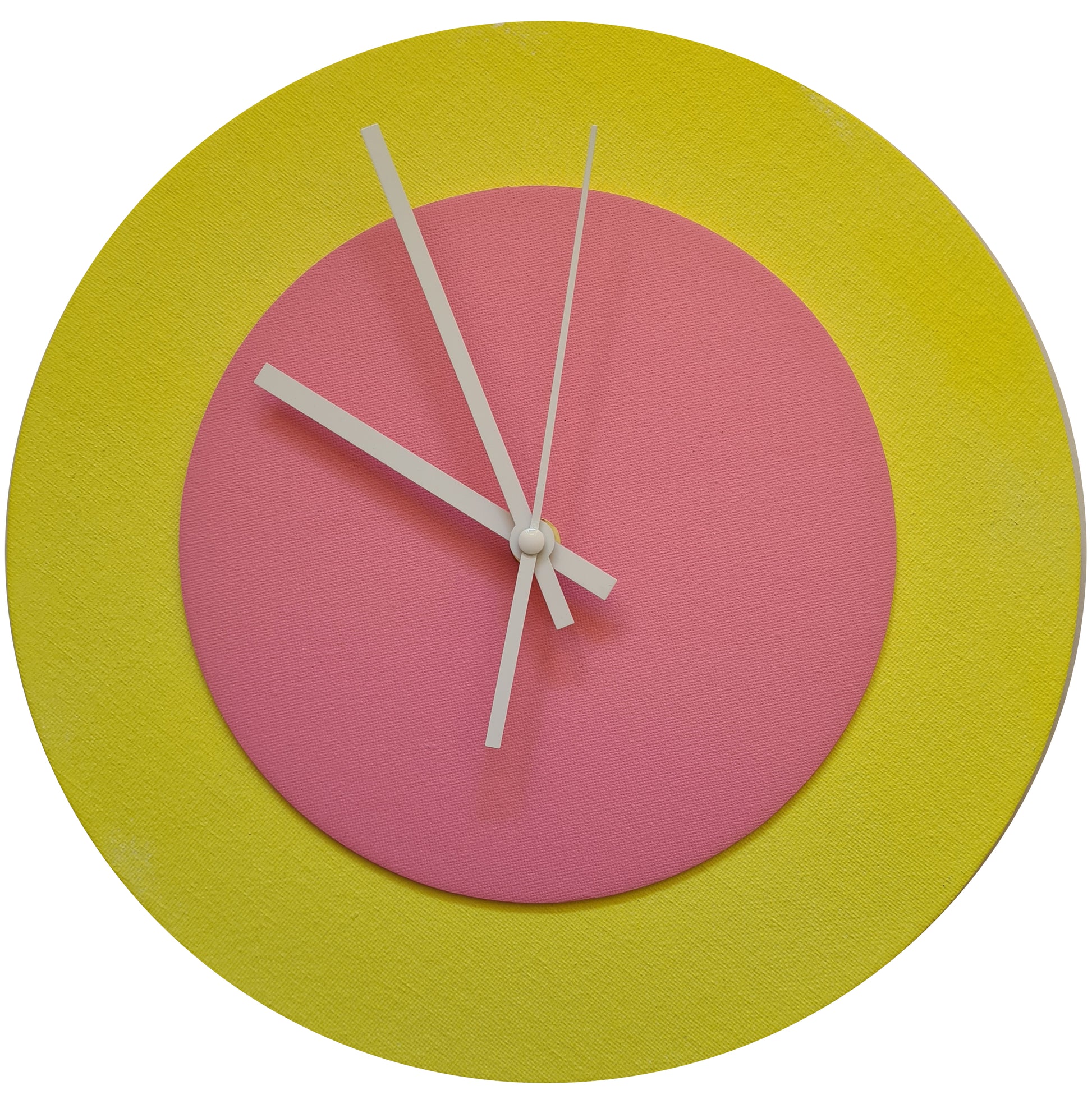 Pop Art Wanduhr Hellgelb  Rosafarben mit weißen Zeigern 30 cm rund