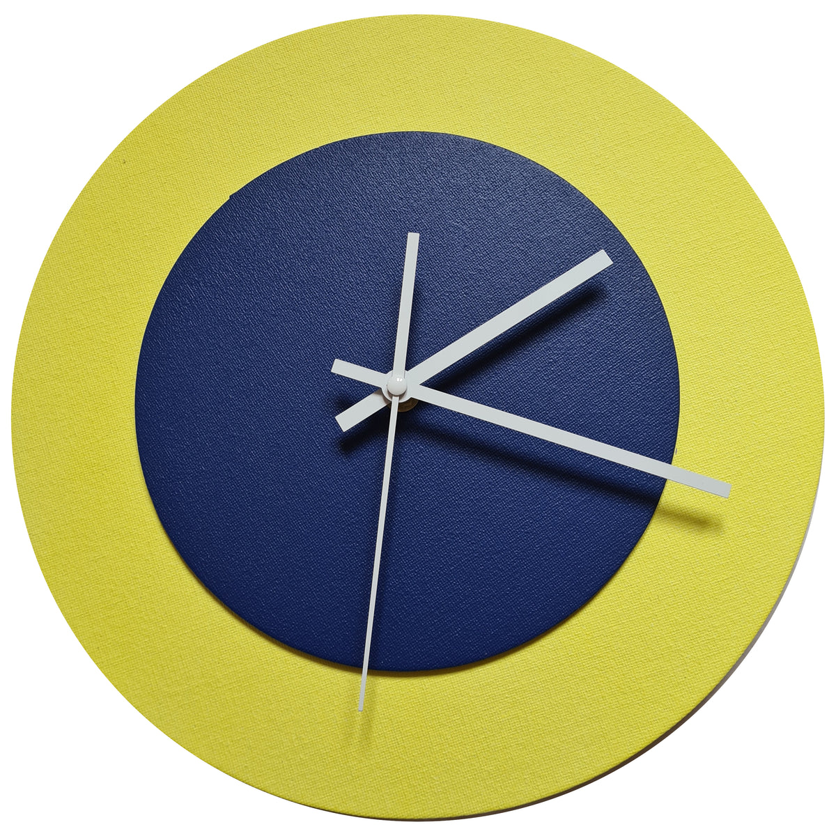 Pop Art Wanduhr Hellgelb  Dunkelblau mit weißen Zeigern 30 cm rund