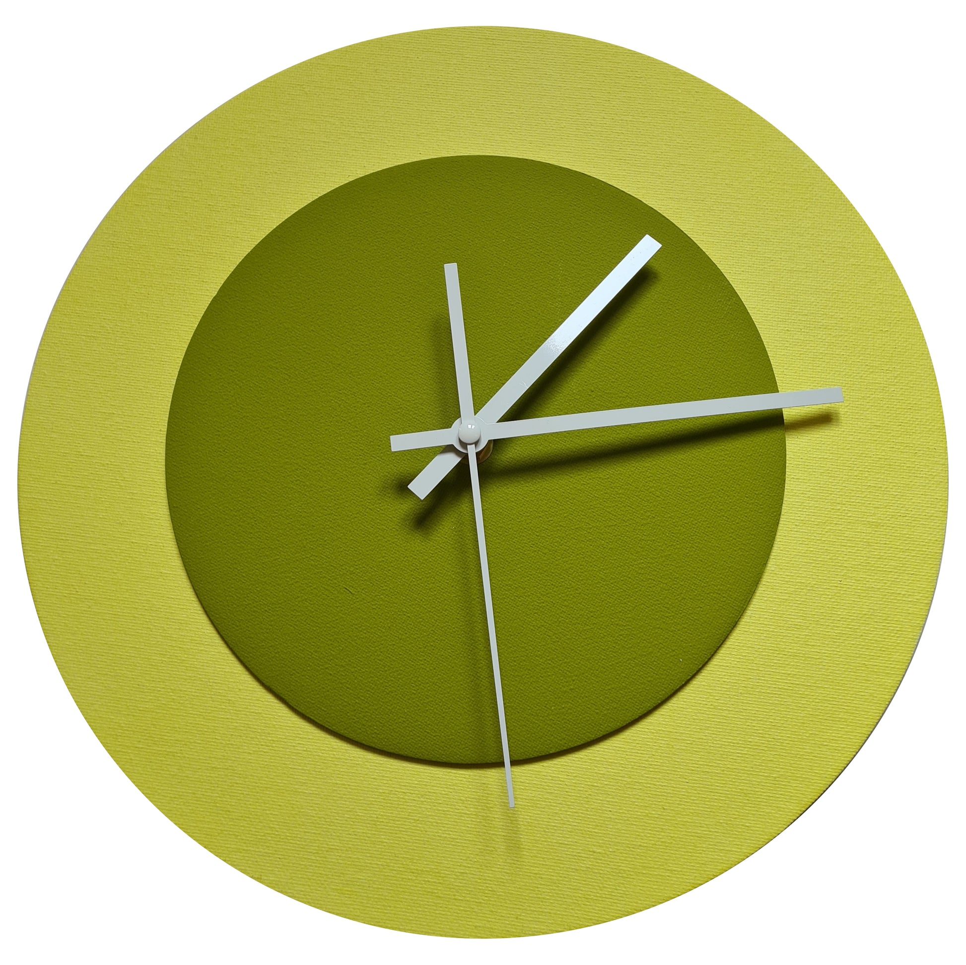Pop Art Wanduhr Hellgelb  Olivgrün mit weißen Zeigern 30 cm rund