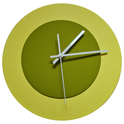 Pop Art Wanduhr Hellgelb  Olivgrün mit weißen Zeigern 30 cm rund