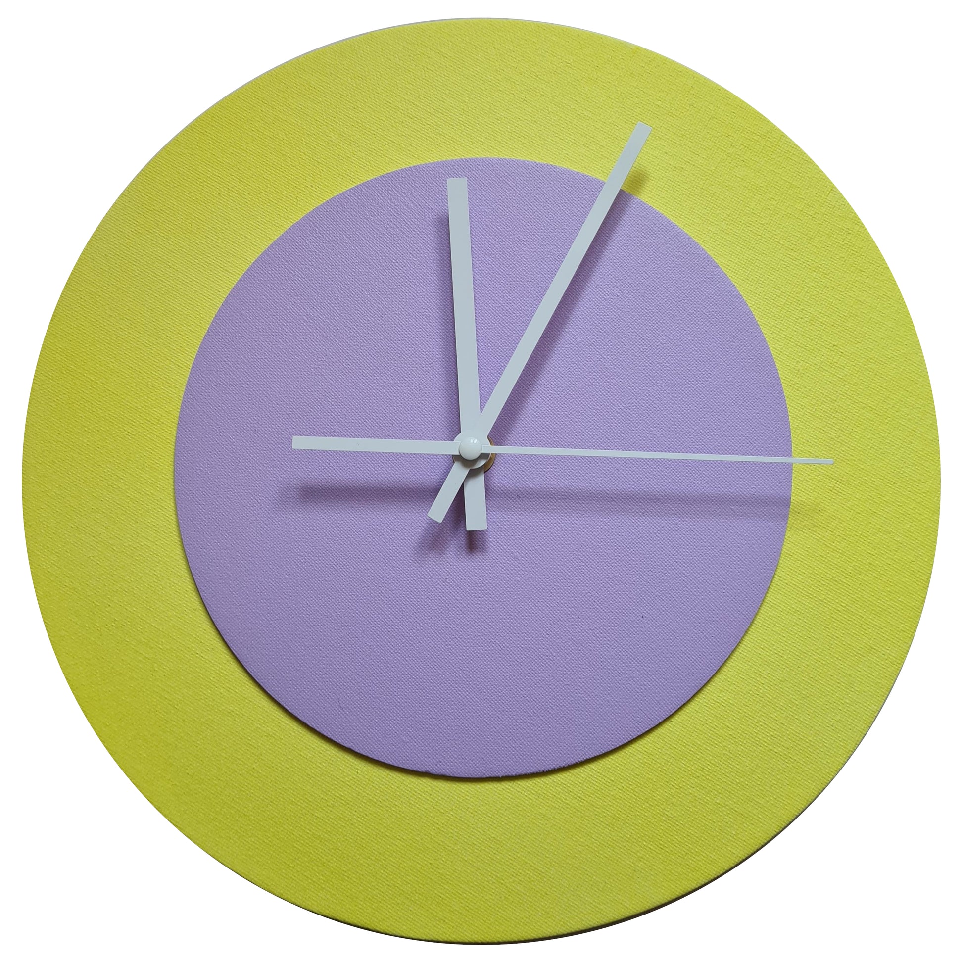 Pop Art Wanduhr Hellgelb  Fliederfarben mit weißen Zeigern 30 cm rund