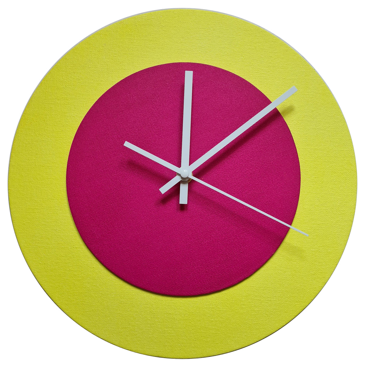Pop Art Wanduhr Hellgelb  Magentafarben mit weißen Zeigern 30 cm rund