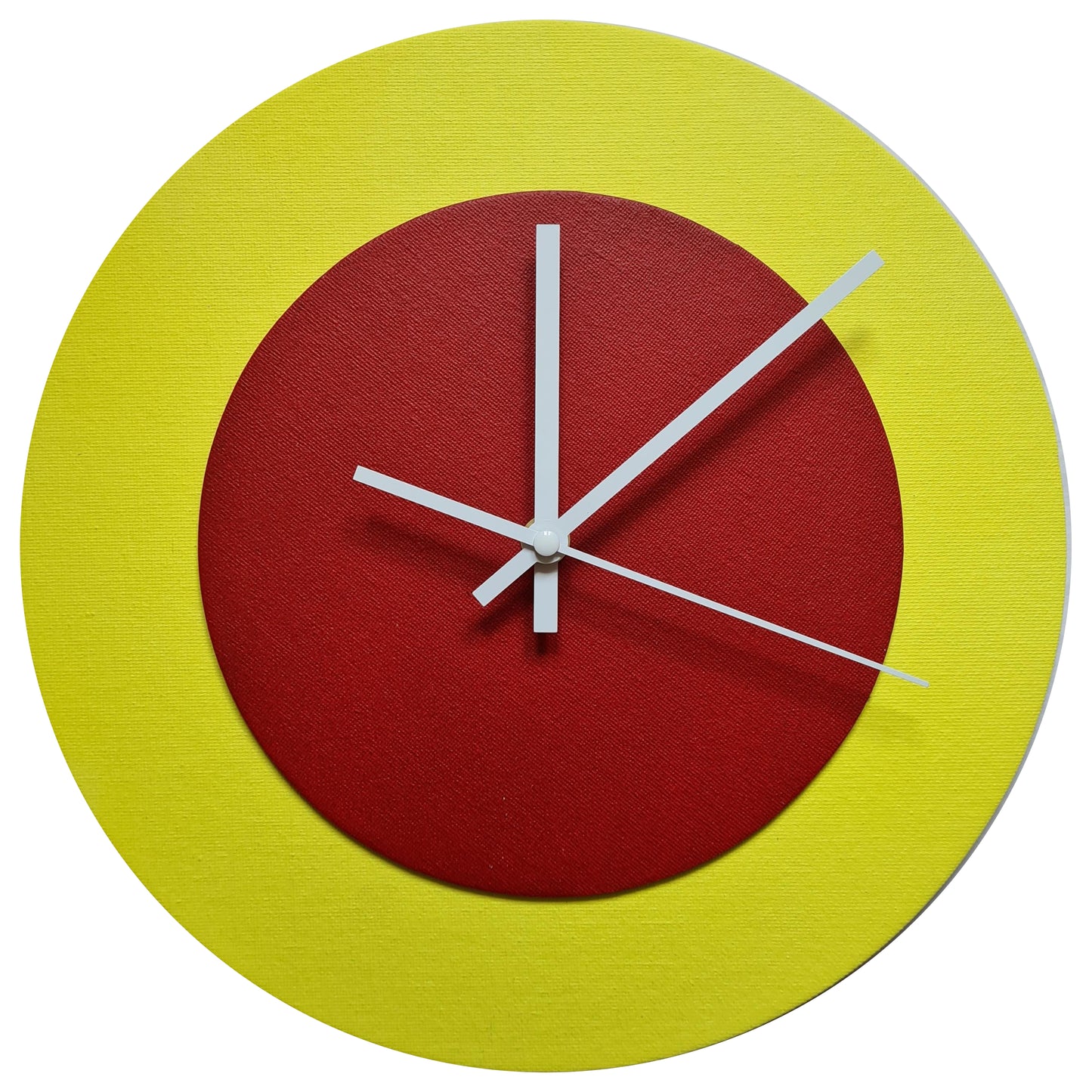 Pop Art Wanduhr Hellgelb  Dunkelrot mit  weißen Zeigern 30 cm rund