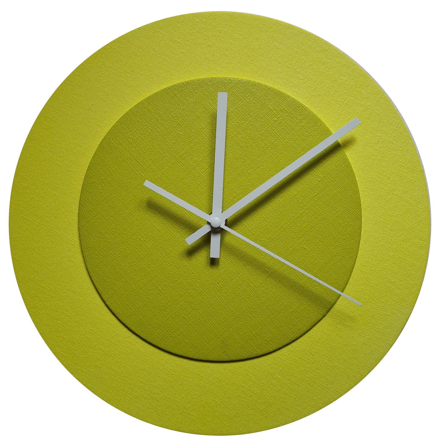 Pop Art Wanduhr Hellgelb  Farngrün mit weißen Zeigern 30 cm rund