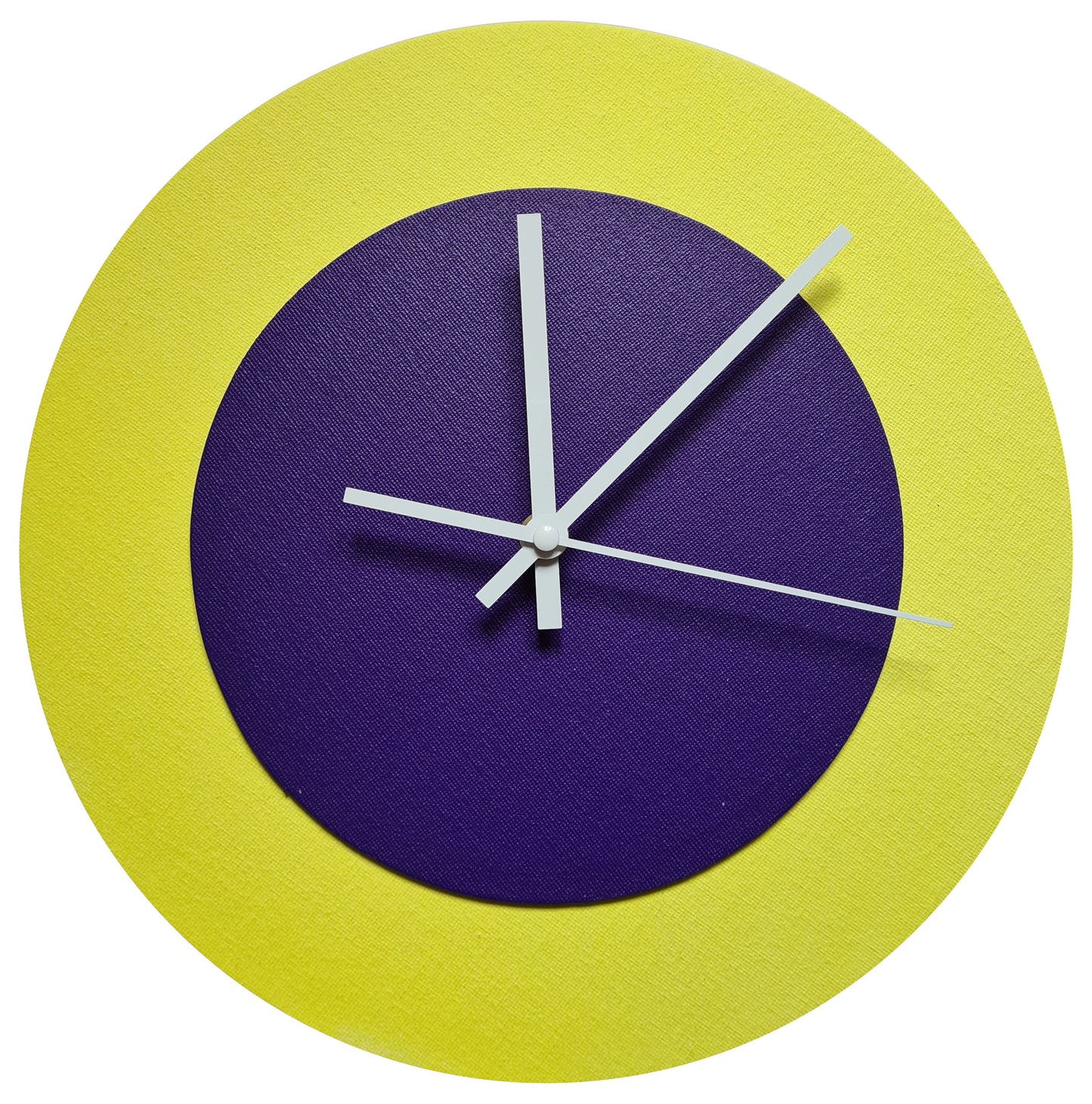 Pop Art Wanduhr Hellgelb  Lilafarben mit weißen Zeigern 30 cm rund