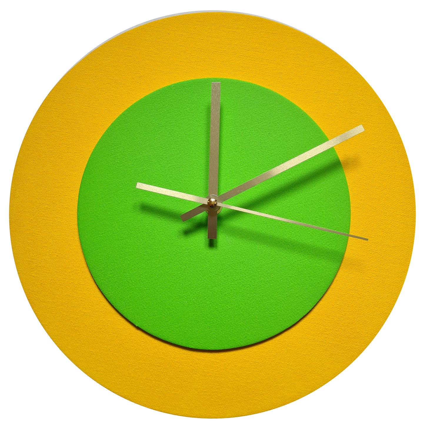 Pop Art Wanduhr Sonnengelb  Hellgrün mit goldenen Zeigern 30 cm rund