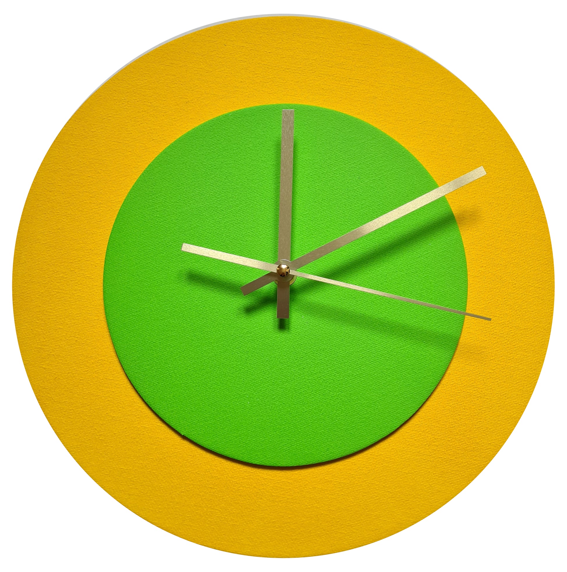 Pop Art Wanduhr Sonnengelb  Hellgrün mit goldenen Zeigern 30 cm rund