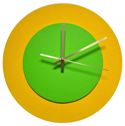 Pop Art Wanduhr Sonnengelb  Hellgrün mit goldenen Zeigern 30 cm rund