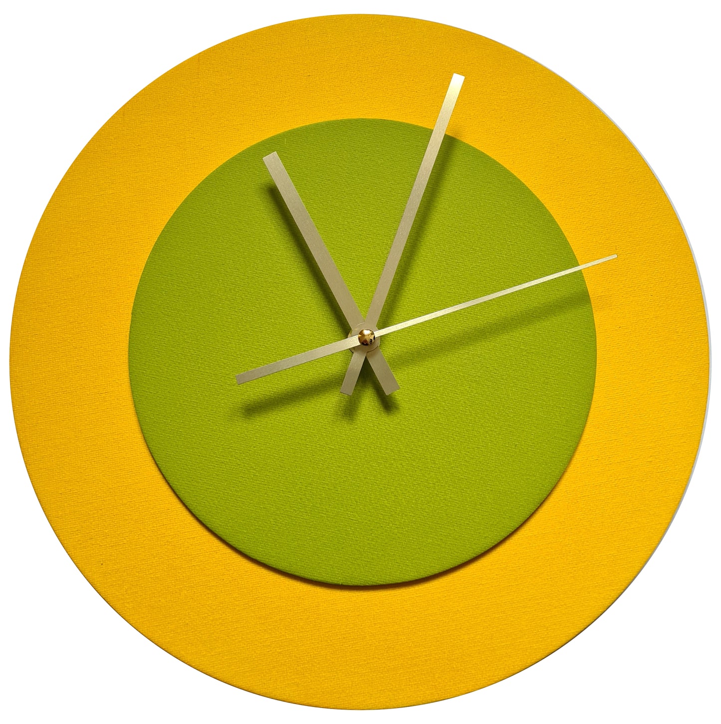 Pop Art Wanduhr Sonnengelb  Olivgrün mit goldenen Zeigern 30 cm rund