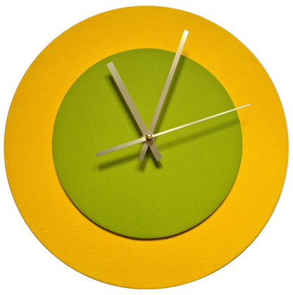 Pop Art Wanduhr Sonnengelb  Olivgrün mit goldenen Zeigern 30 cm rund