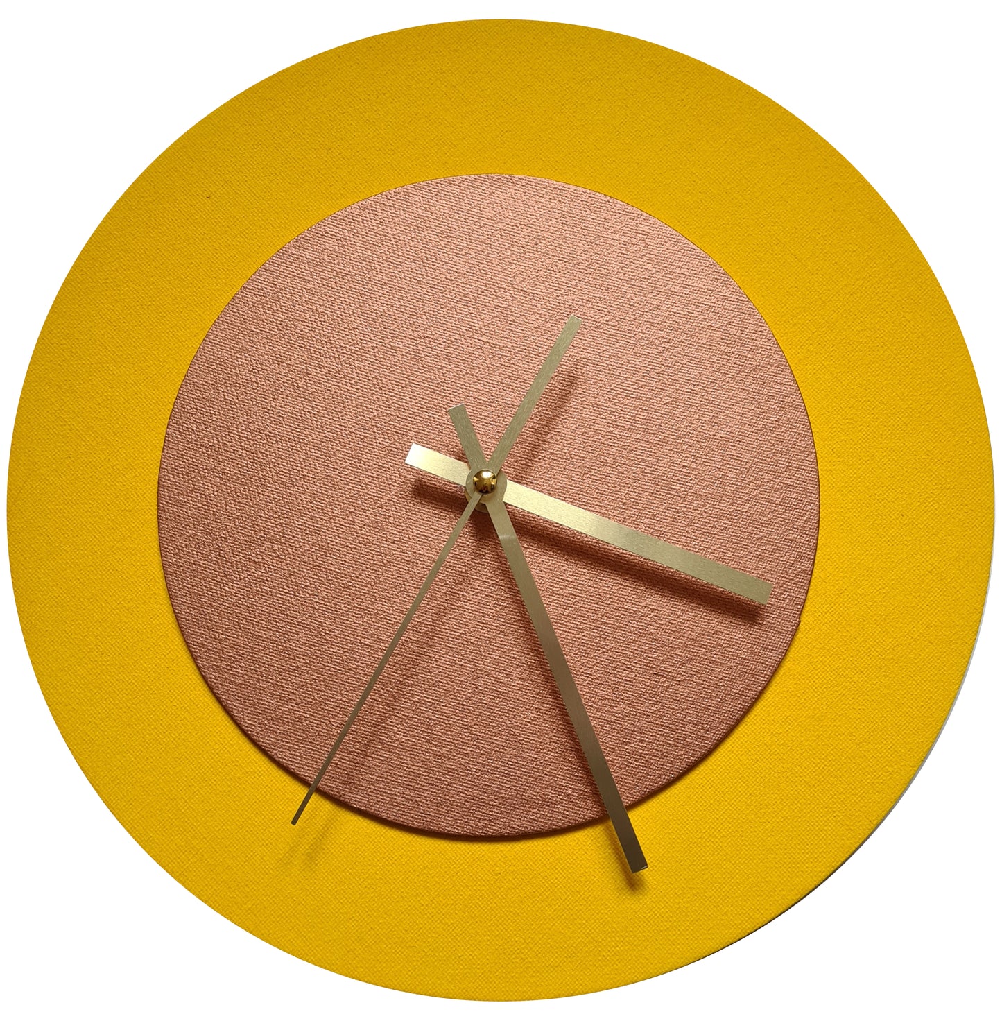 Pop Art Wanduhr Sonnengelb  Bronzefarbenfarben mit goldenen Zeigern 30 cm rund