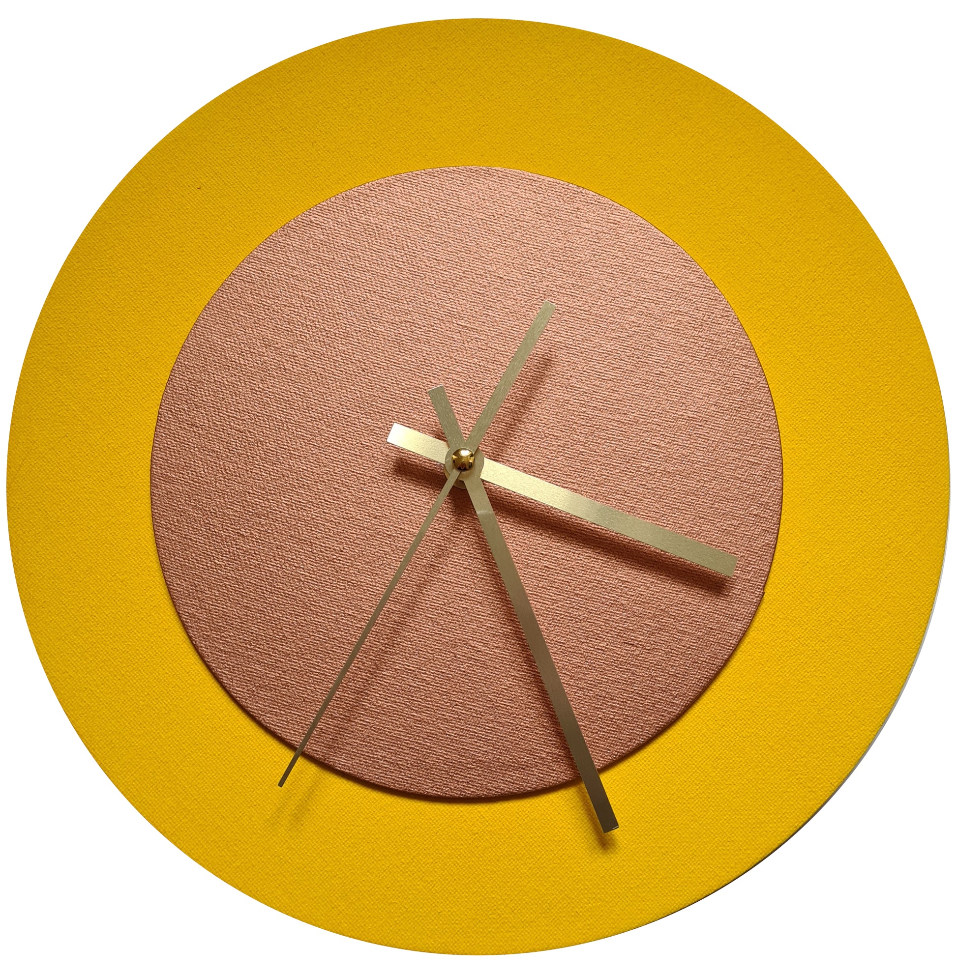 Pop Art Wanduhr Sonnengelb  Bronzefarbenfarben mit goldenen Zeigern 30 cm rund