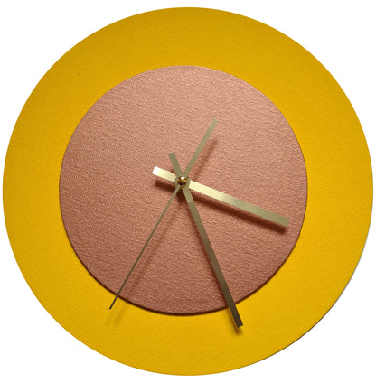 Pop Art Wanduhr Sonnengelb  Bronzefarbenfarben mit goldenen Zeigern 30 cm rund