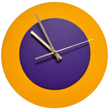 Pop Art Wanduhr Sonnengelb  Lilafarben mit goldenen Zeigern 30 cm rund