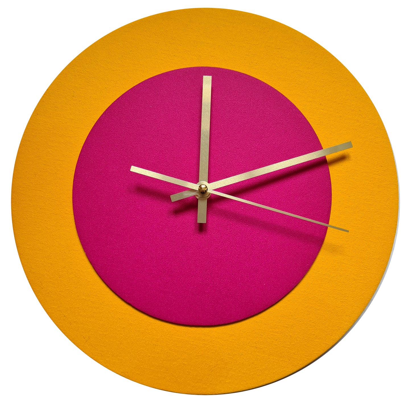 Pop Art Wanduhr Sonnengelb  Magentafarben mit goldenen Zeigern 30 cm rund