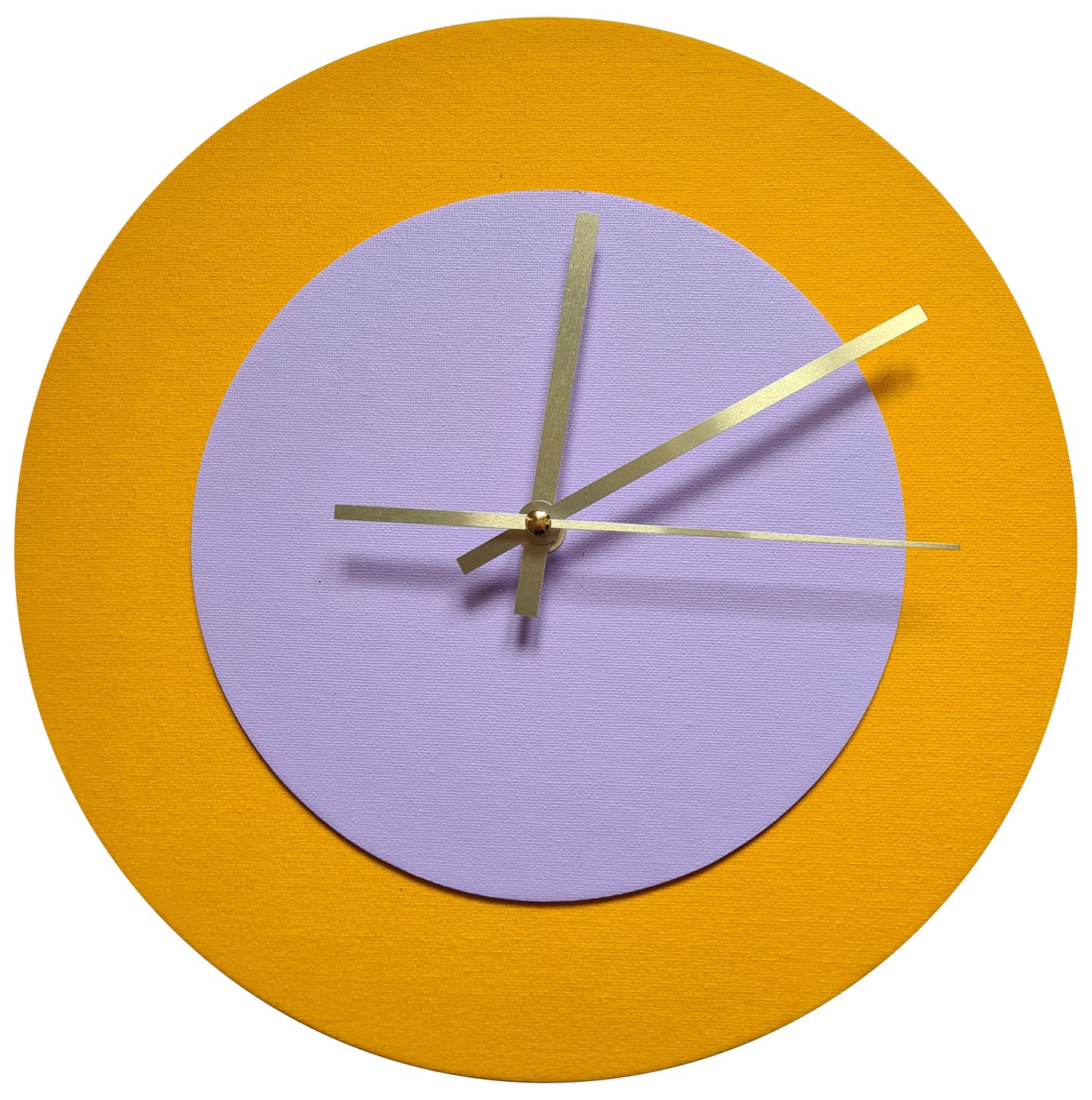 Pop Art Wanduhr Sonnengelb  Fliederfarben mit goldenen Zeigern 30 cm rund