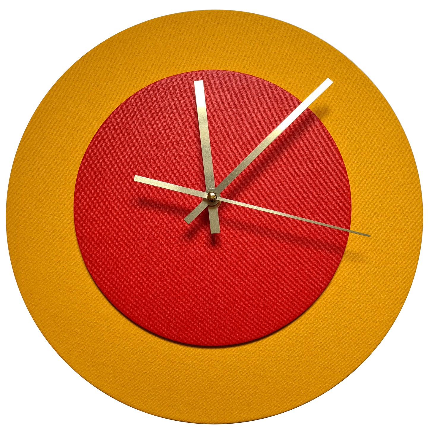 Pop Art Wanduhr Sonnengelb  Hellrot mit goldenen Zeigern 30 cm rund