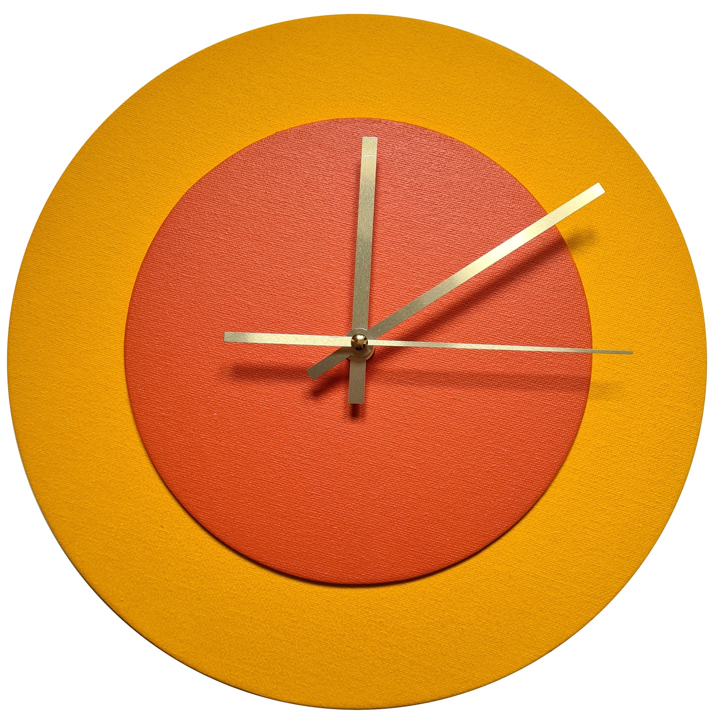 Pop Art Wanduhr Sonnengelb  Orangefarben mit goldenen Zeigern 30 cm rund