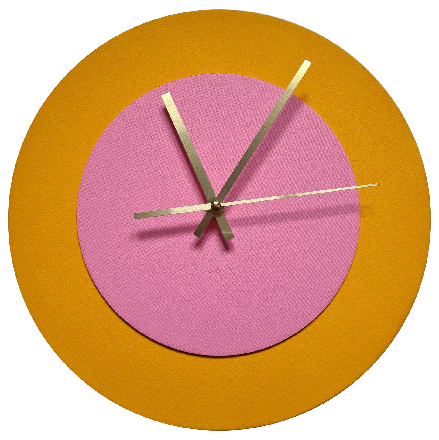 Pop Art Wanduhr Sonnengelb  Rosafarben mit goldenen Zeigern 30 cm rund
