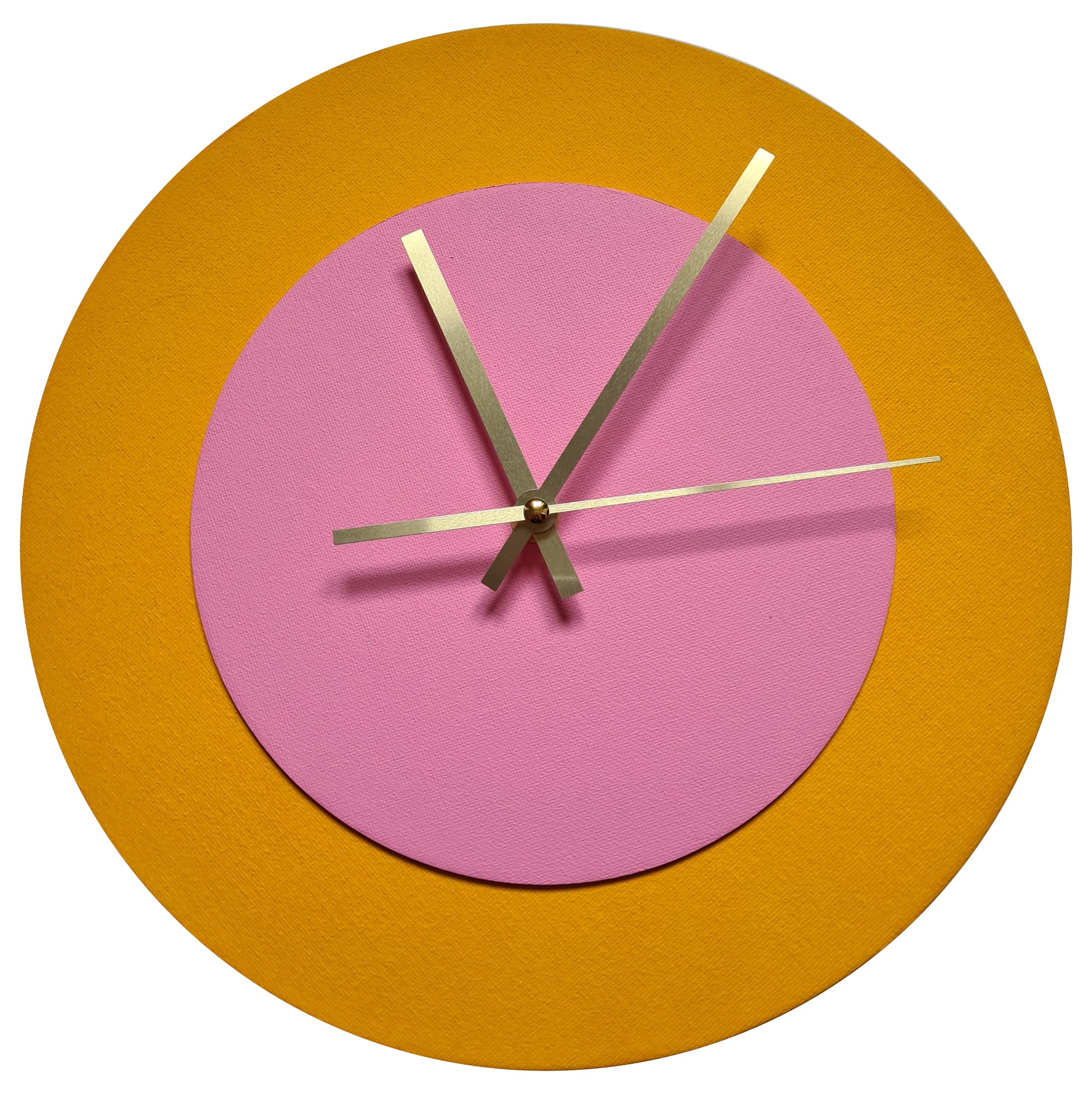 Pop Art Wanduhr Sonnengelb  Rosafarben mit goldenen Zeigern 30 cm rund