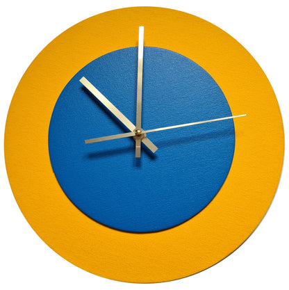 Pop Art Wanduhr Sonnengelb  Mittelblau mit goldenen Zeigern 30 cm rund