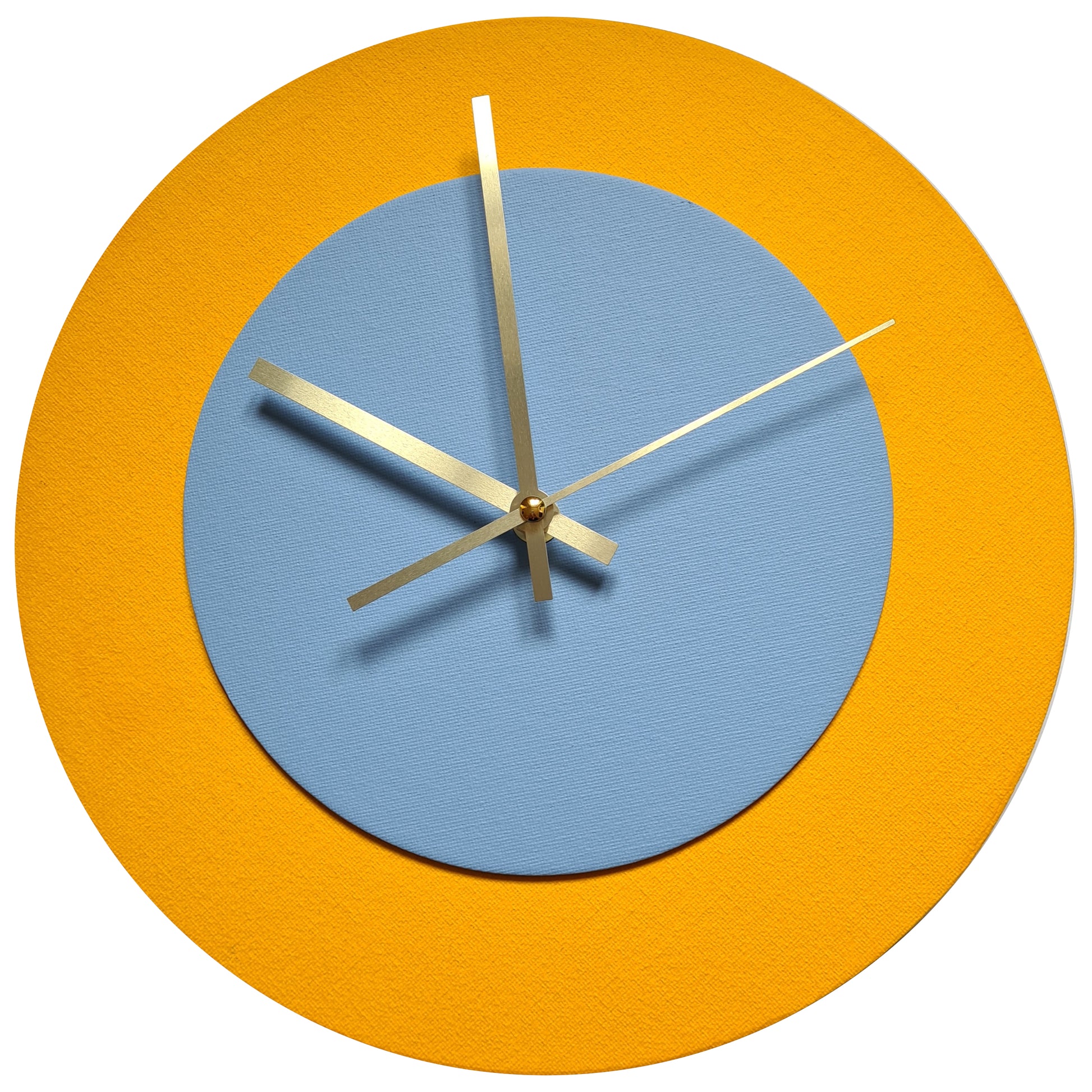 Pop Art Wanduhr Sonnengelb Hellblau  mit goldenen Zeigern 30 cm rund