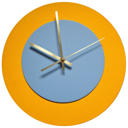 Pop Art Wanduhr Sonnengelb Hellblau  mit goldenen Zeigern 30 cm rund