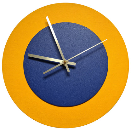 Pop Art Wanduhr Sonnengelb  Dunkelblau mit goldenen Zeigern 30 cm rund