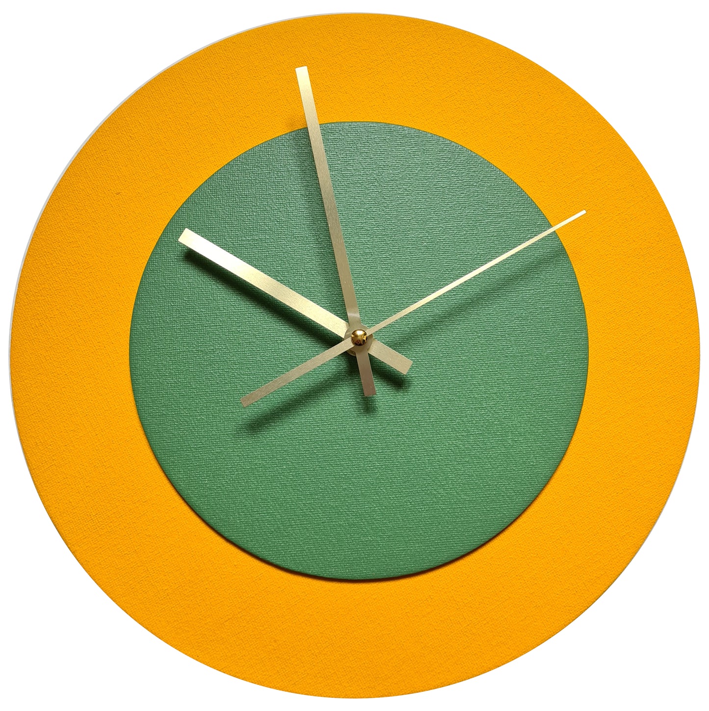 Pop Art Wanduhr Sonnengelb  Laubgrün mit goldenen Zeigern 30 cm rund