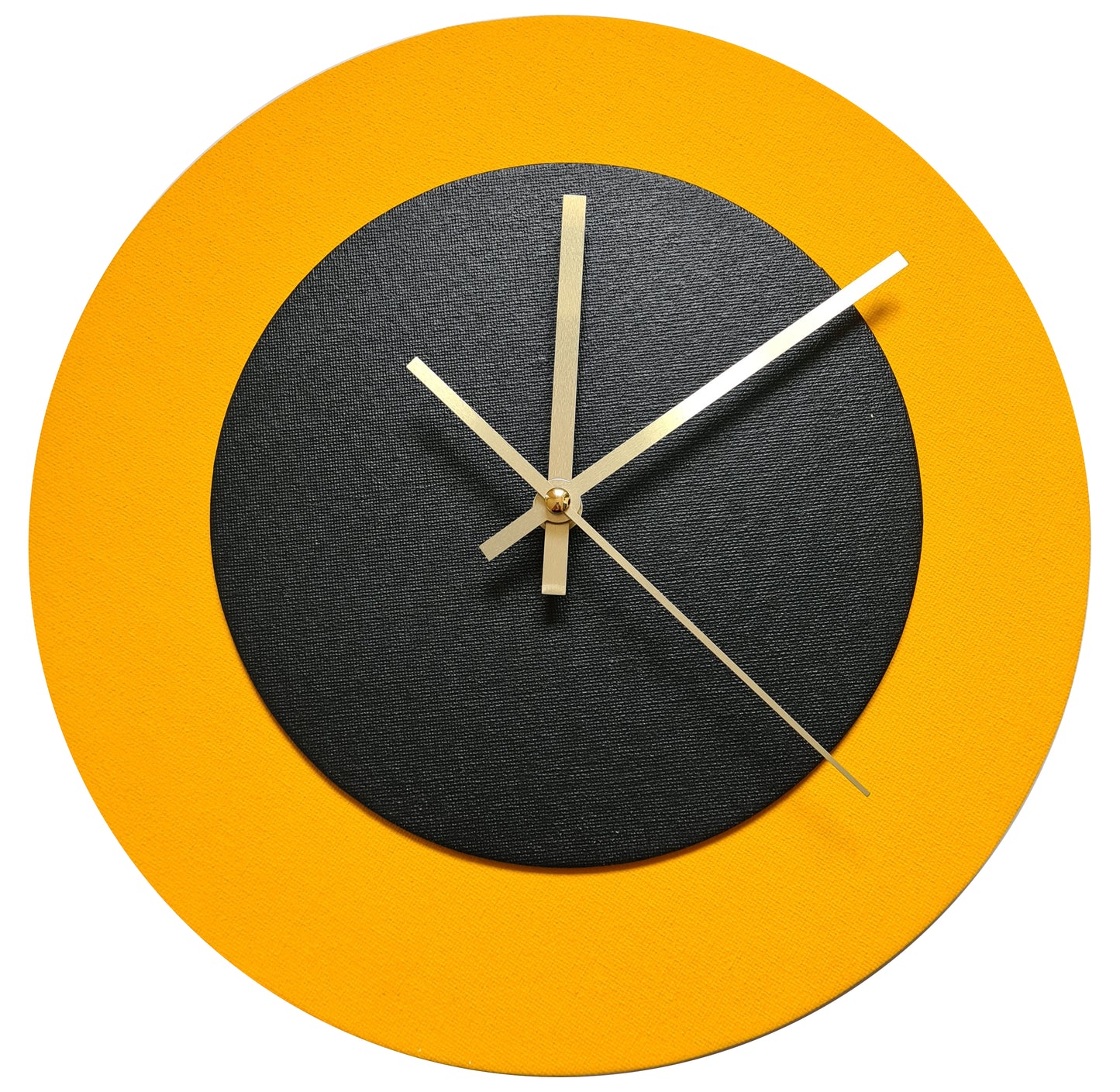 Pop Art Wanduhr Sonnengelb  Schwarz mit goldenen Zeigern 30 cm rund
