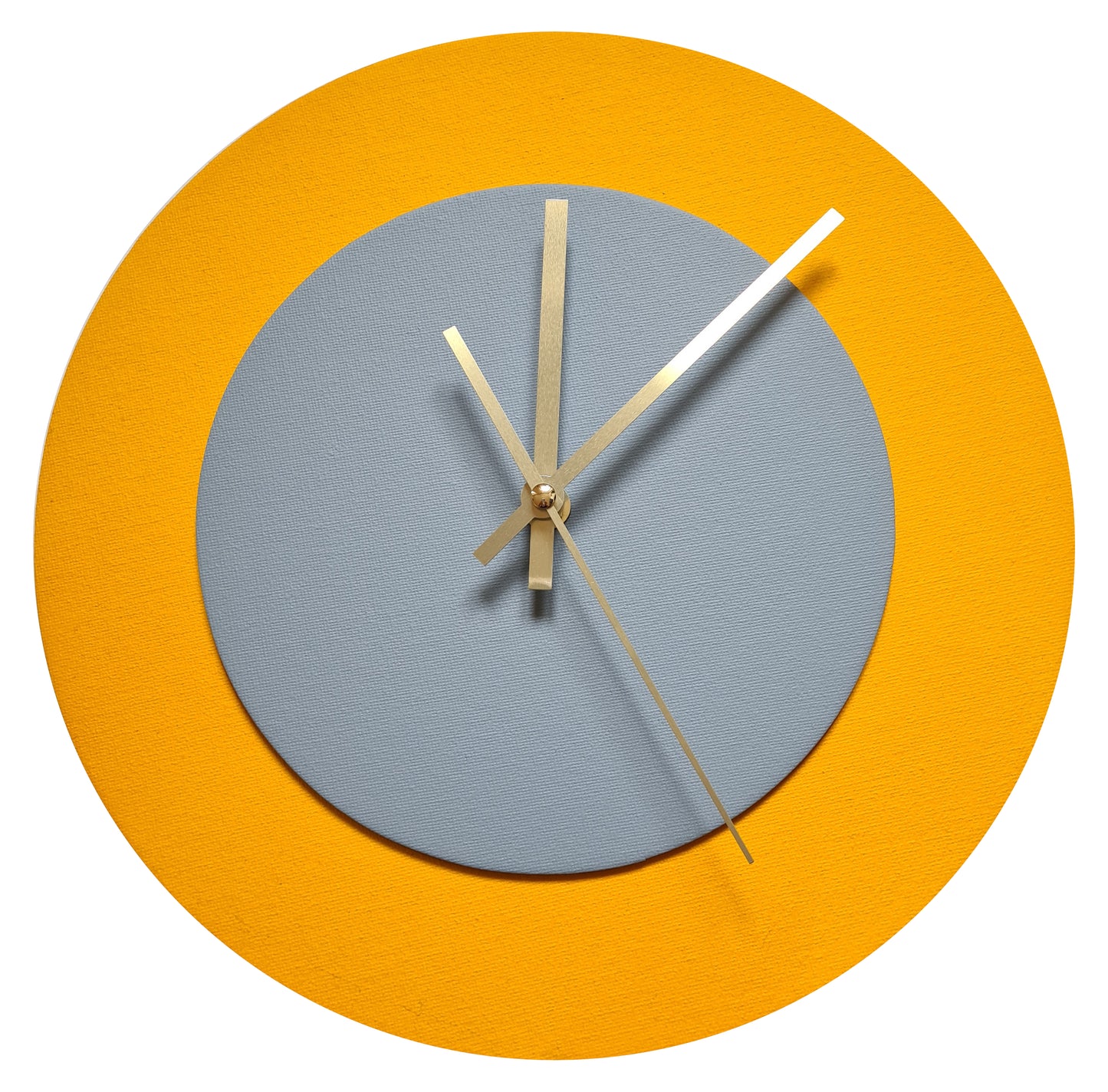 Pop Art Wanduhr Sonnengelb  Grau mit goldenen Zeigern 30 cm rund