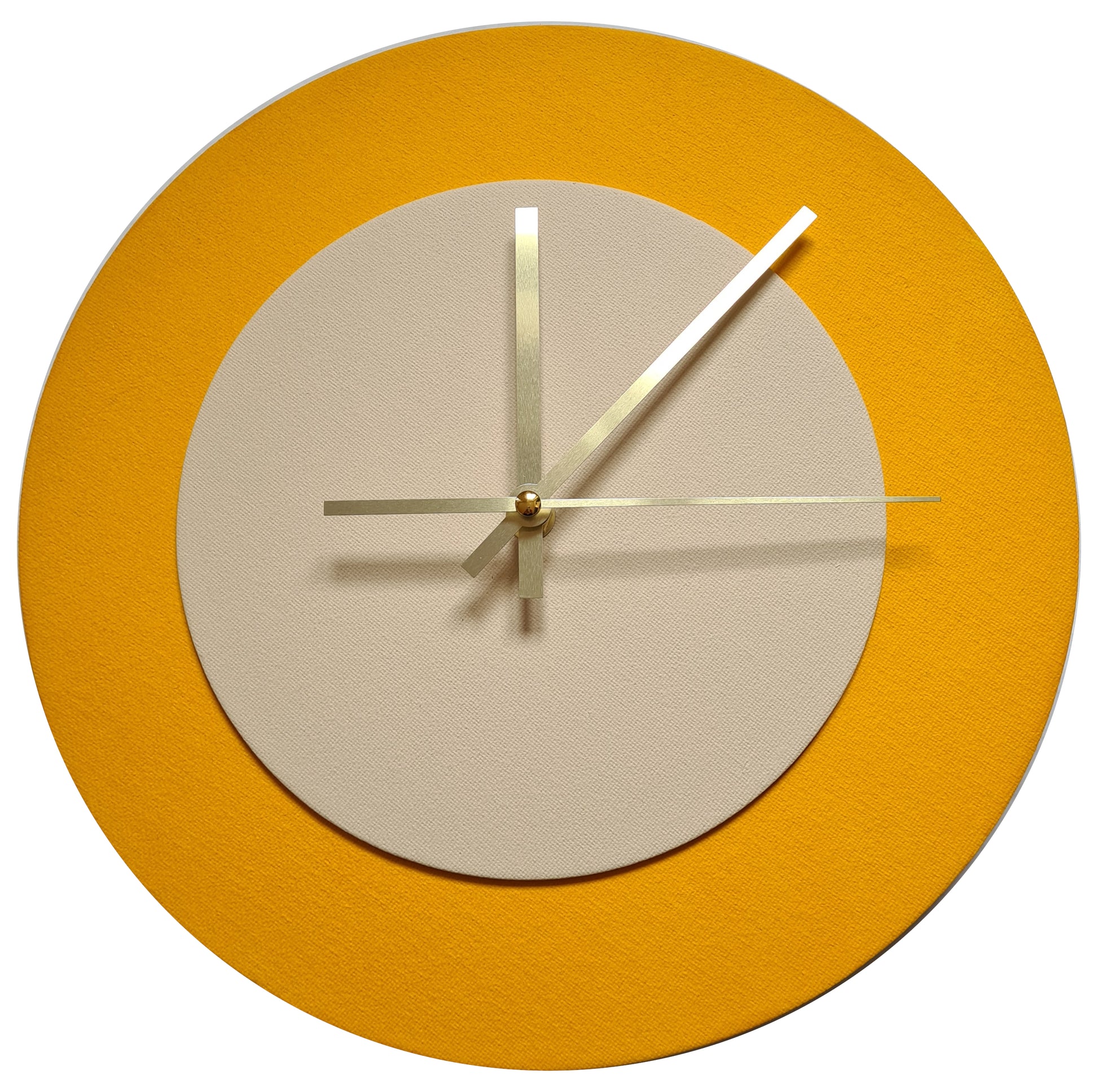 Pop Art Wanduhr Sonnengelb  Cremefarben mit goldenen Zeigern 30 cm rund