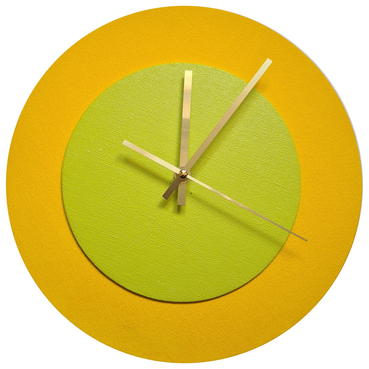 Pop Art Wanduhr Sonnengelb  Farngrün mit goldenen Zeigern 30 cm rund
