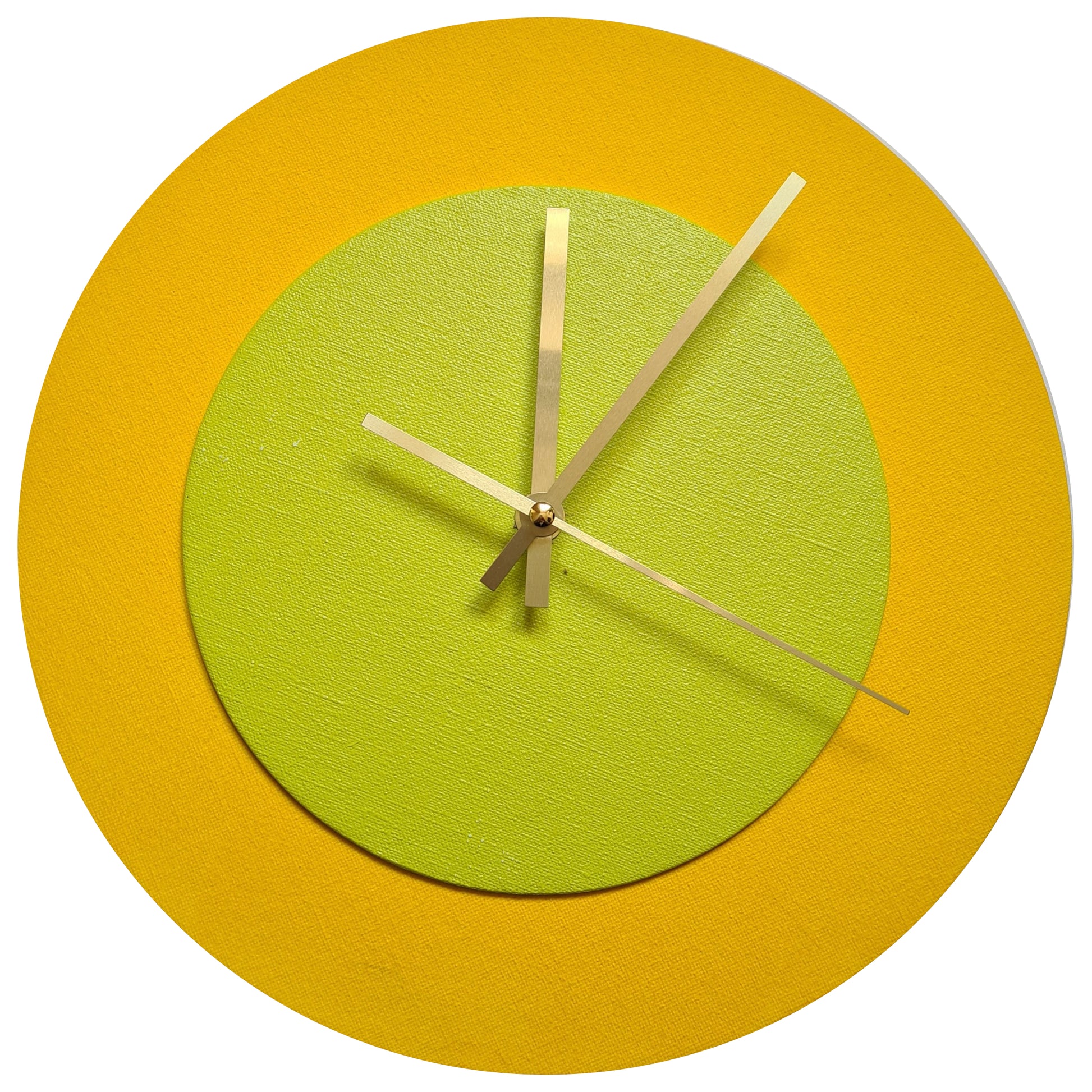 Pop Art Wanduhr Sonnengelb  Farngrün mit goldenen Zeigern 30 cm rund
