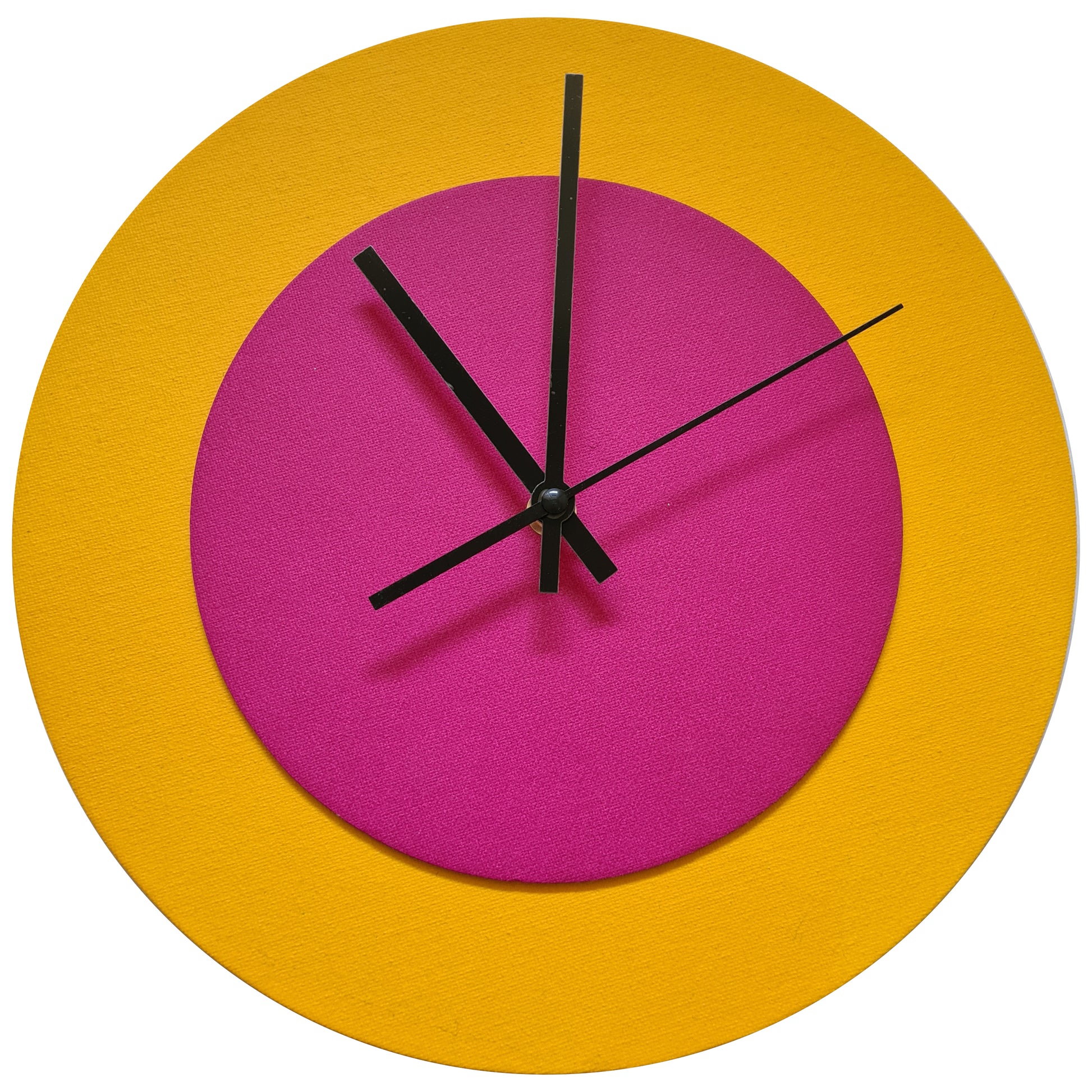 Pop Art Wanduhr Sonnengelb  Magentafarben mit schwarzen Zeigern 30 cm rund
