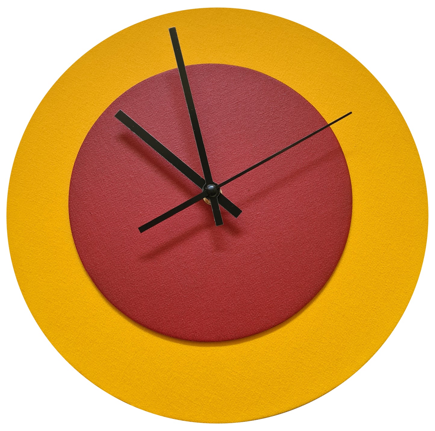 Pop Art Wanduhr Sonnengelb  Dunkelrot mit  schwarzen Zeigern 30 cm rund
