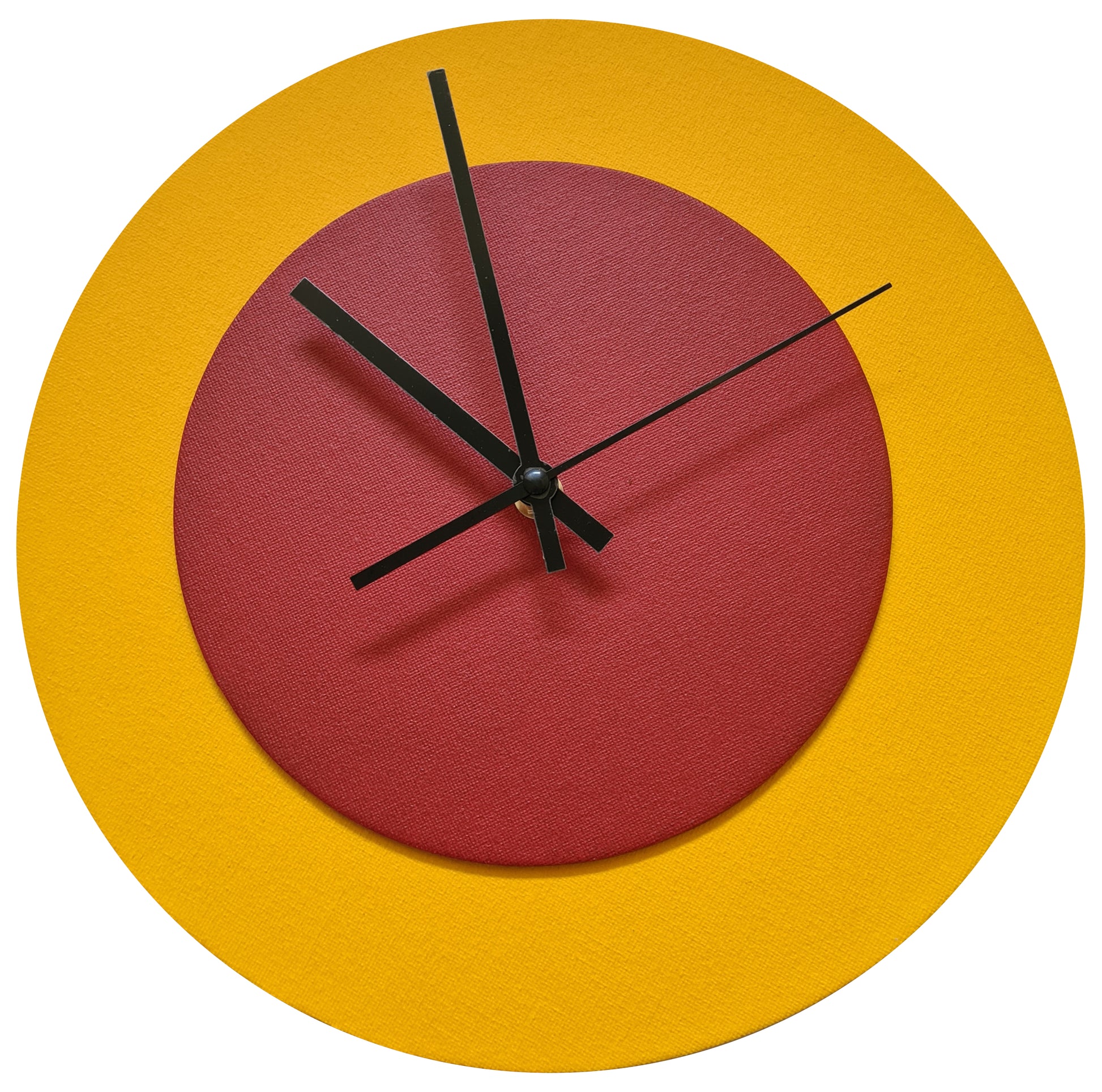 Pop Art Wanduhr Sonnengelb  Dunkelrot mit  schwarzen Zeigern 30 cm rund

