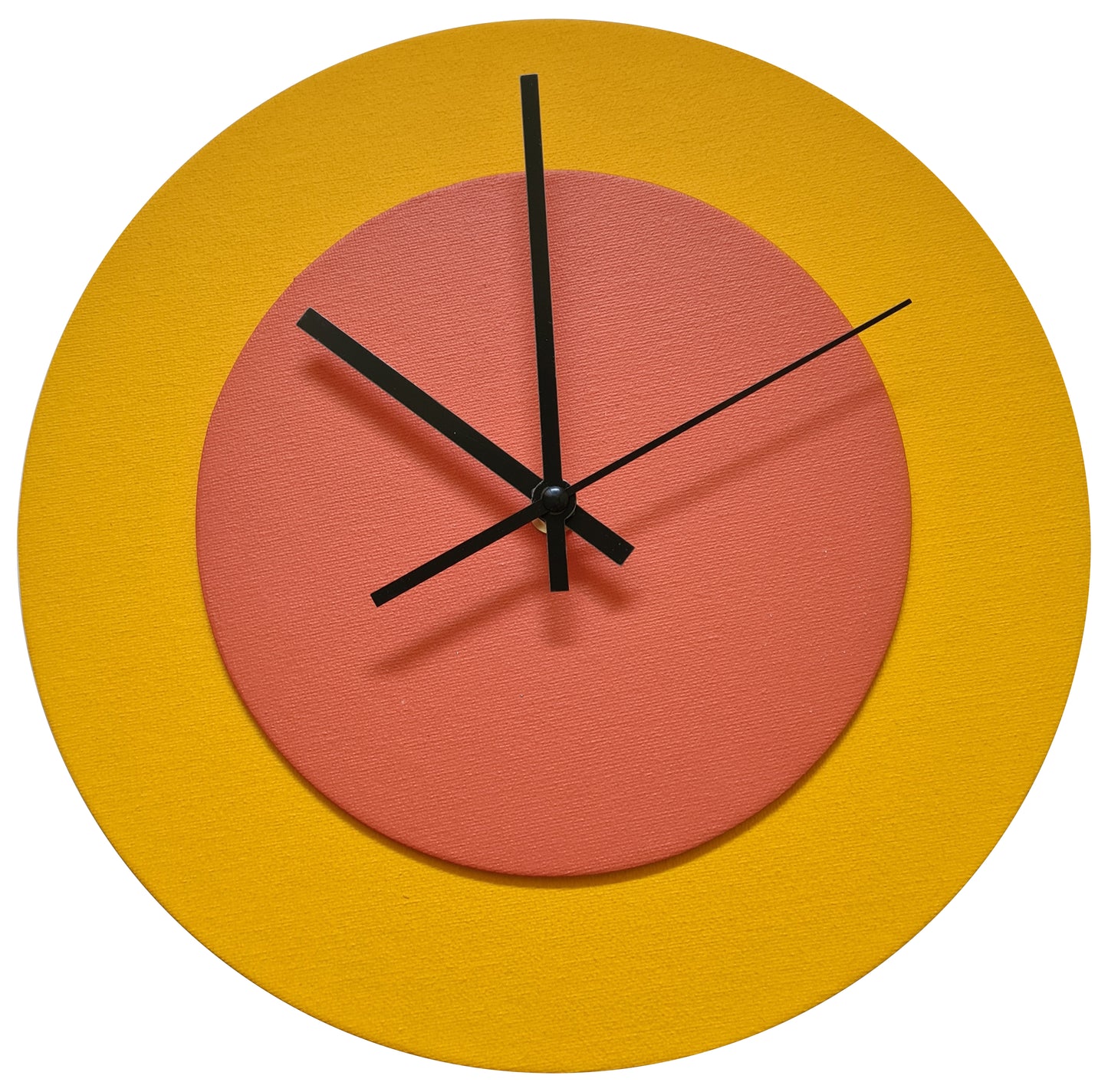 Pop Art Wanduhr Sonnengelb  Orangefarben mit schwarzen Zeigern 30 cm rund
