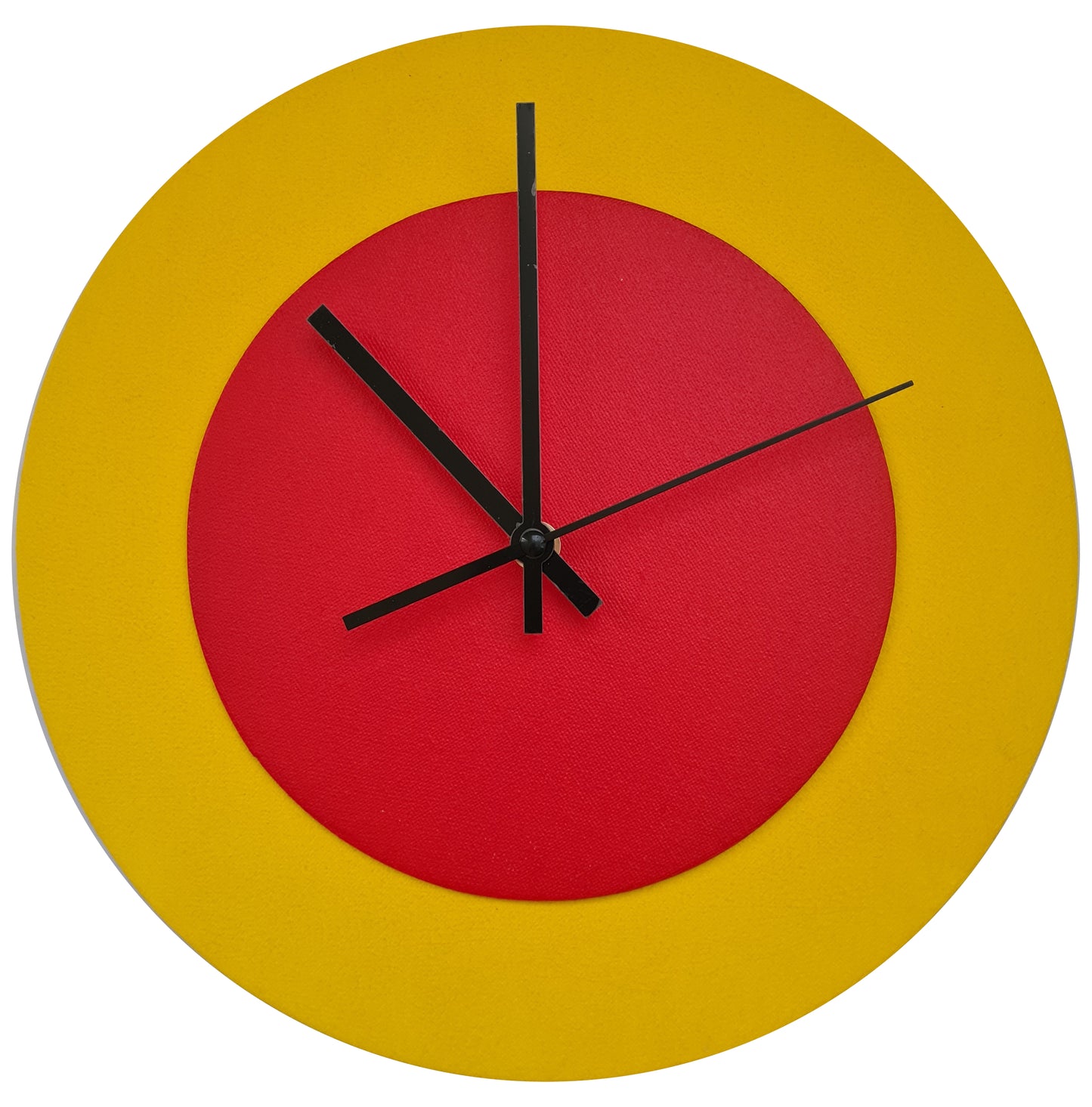 Pop Art Wanduhr Sonnengelb  Hellrot mit schwarzen Zeigern 30 cm rund
