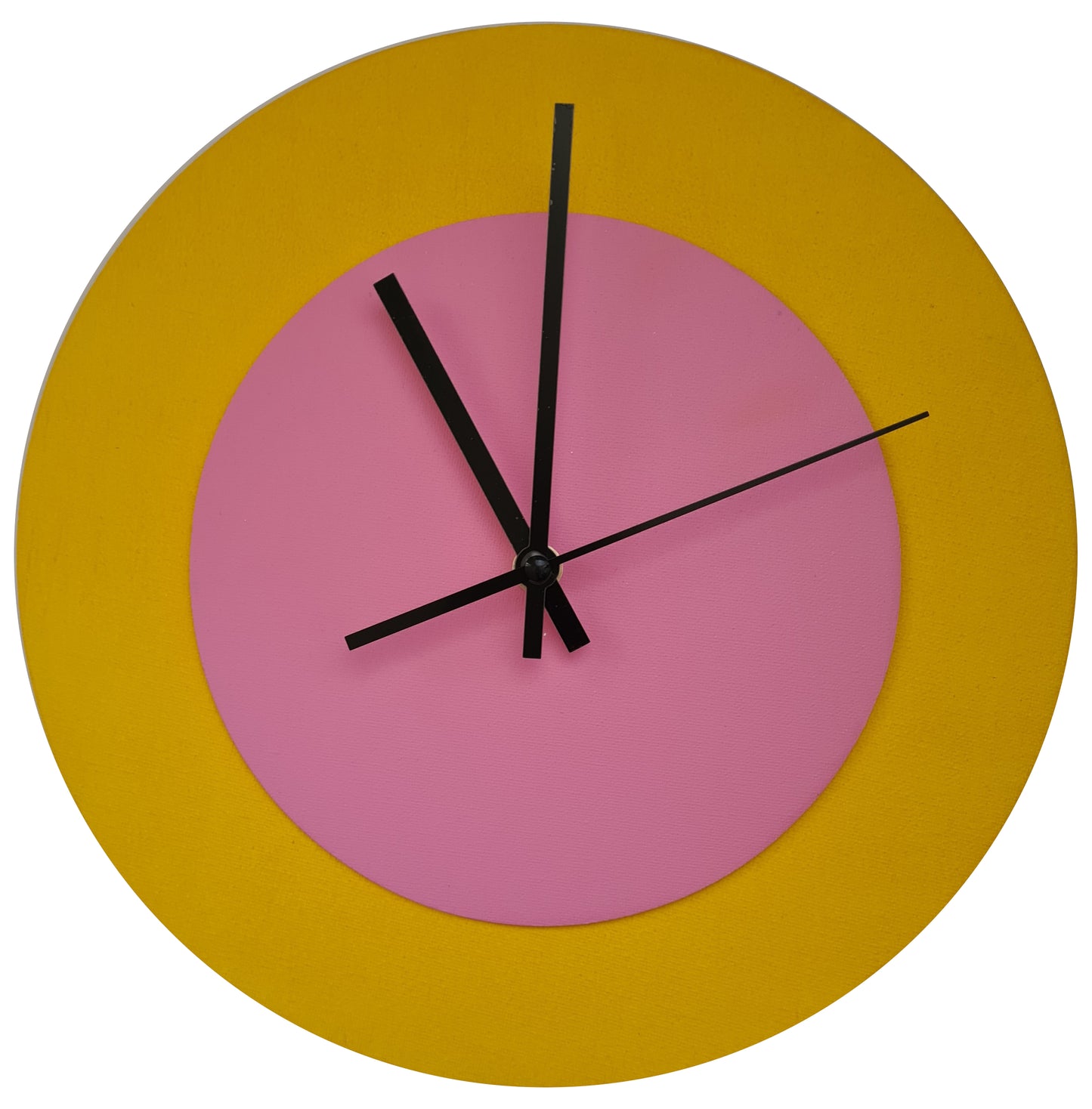 Pop Art Wanduhr Sonnengelb  Rosafarben mit schwarzen Zeigern 30 cm rund

