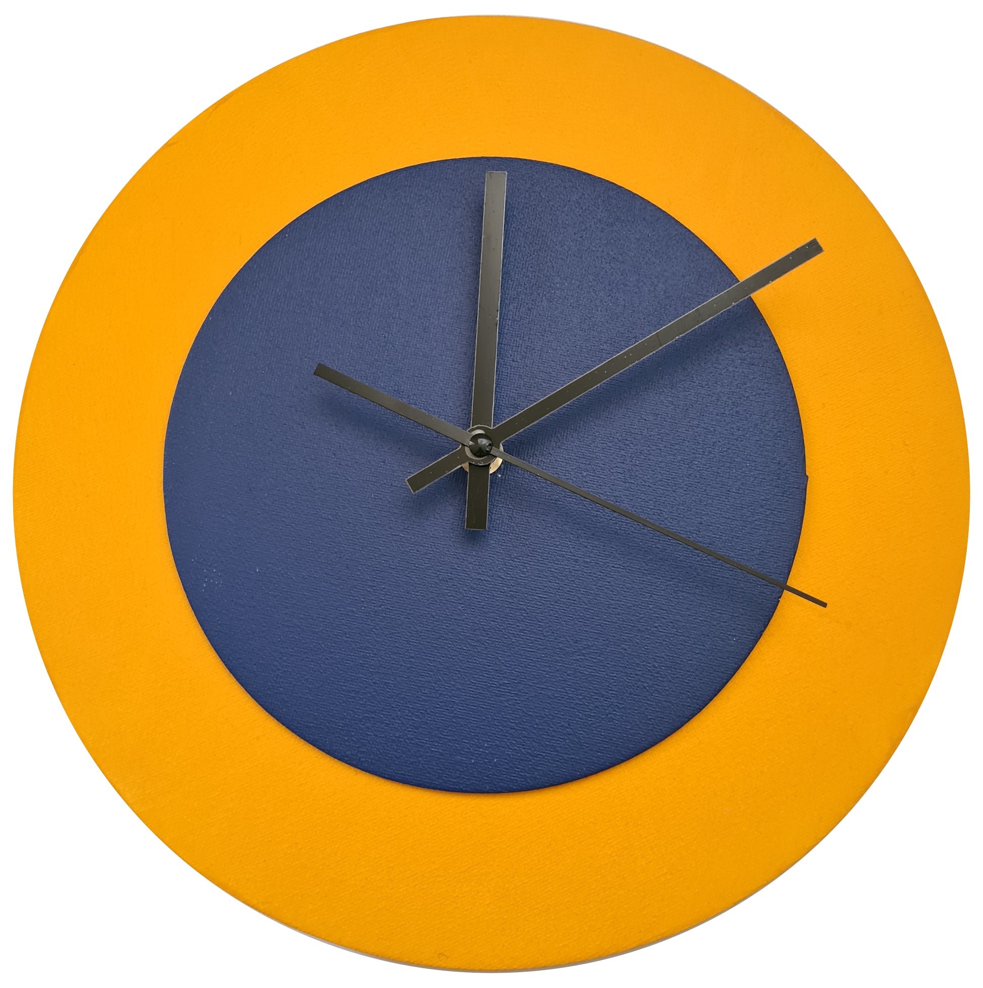 Pop Art Wanduhr Sonnengelb  Dunkelblau mit schwarzen Zeigern 30 cm rund
