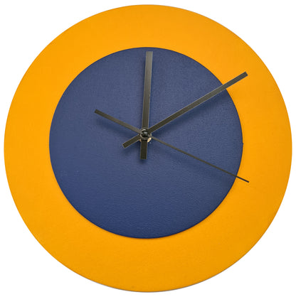 Pop Art Wanduhr Sonnengelb  Dunkelblau mit schwarzen Zeigern 30 cm rund
