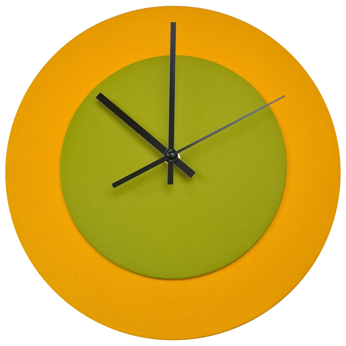 Pop Art Wanduhr Sonnengelb  Olivgrün mit schwarzen Zeigern 30 cm rund
