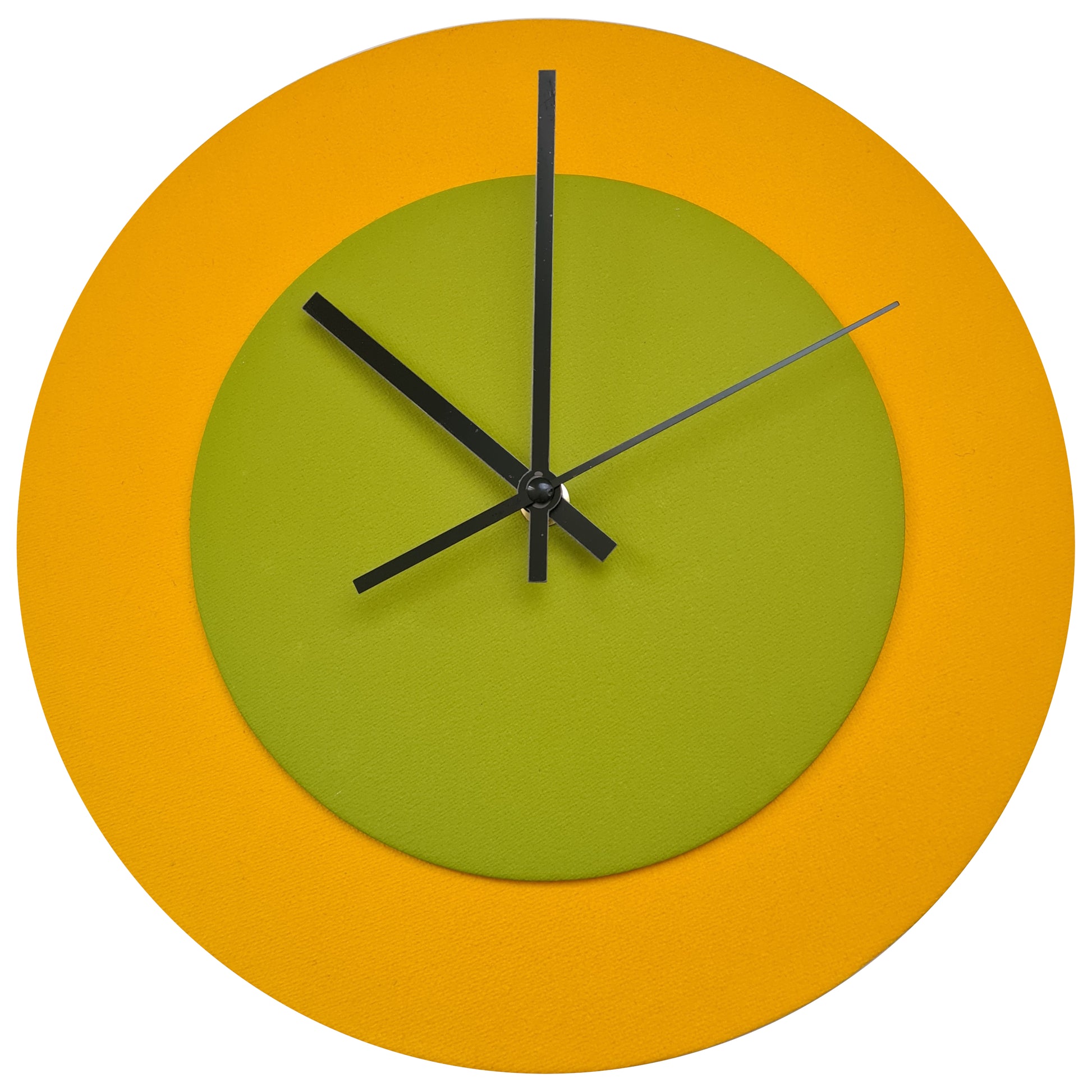Pop Art Wanduhr Sonnengelb  Olivgrün mit schwarzen Zeigern 30 cm rund
