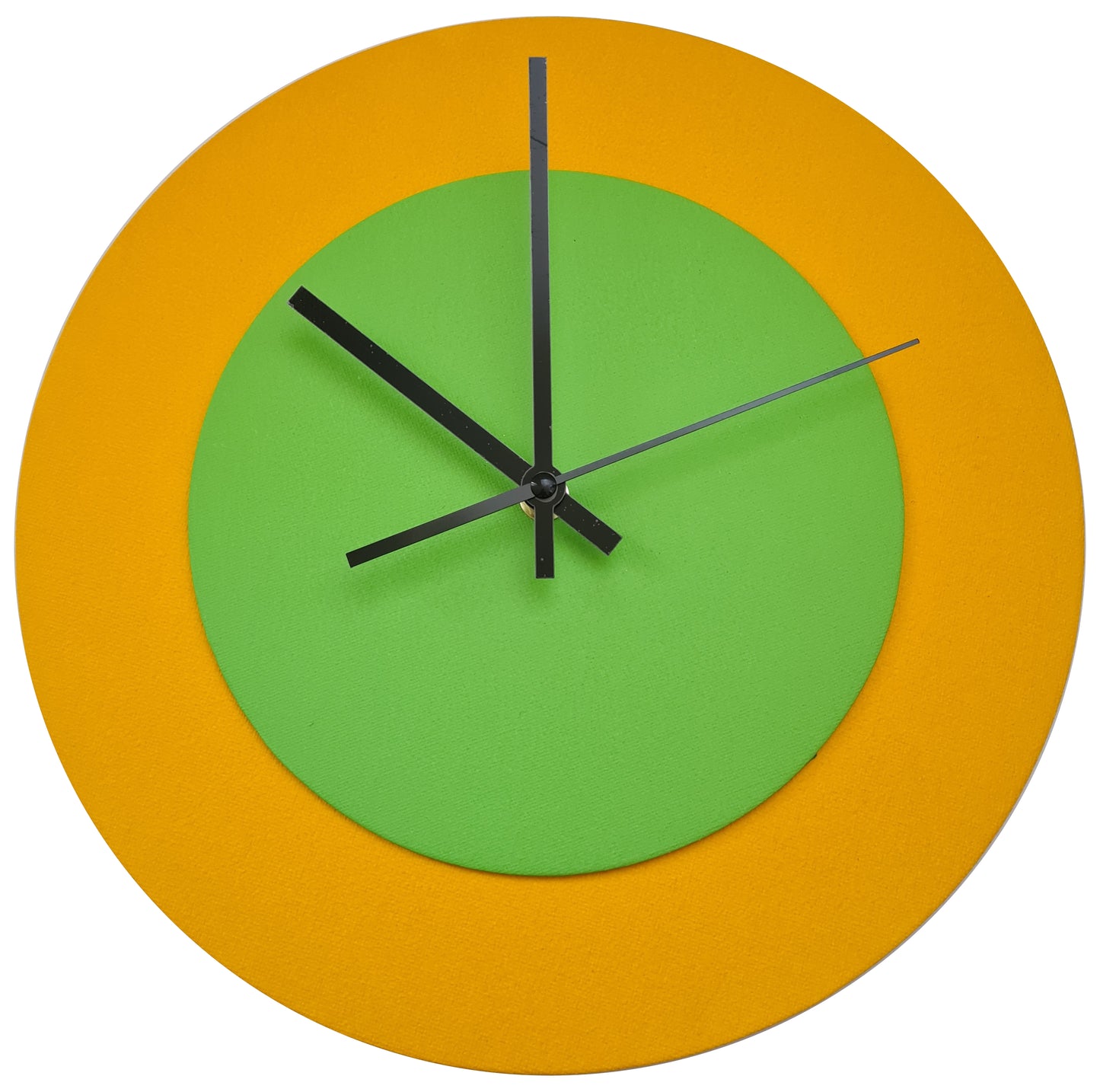 Pop Art Wanduhr Sonnengelb  Hellgrün mit schwarzen Zeigern 30 cm rund

