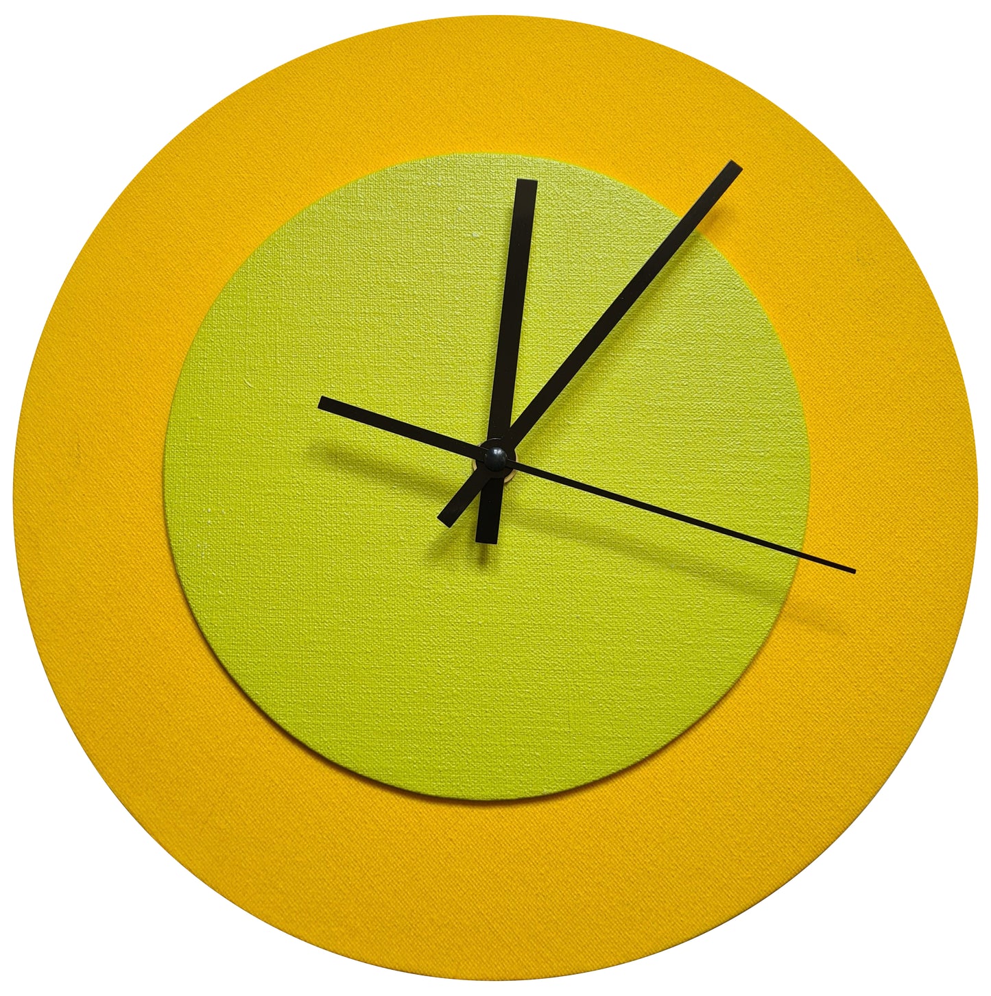 Pop Art Wanduhr Sonnengelb  Farngrün mit schwarzen Zeigern 30 cm rund
