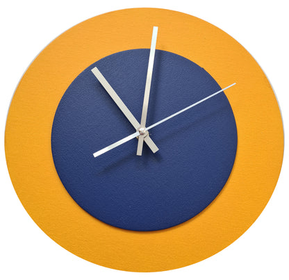 Pop Art Wanduhr Sonnengelb  Dunkelblau mit silbernen Zeigern 30 cm rund
