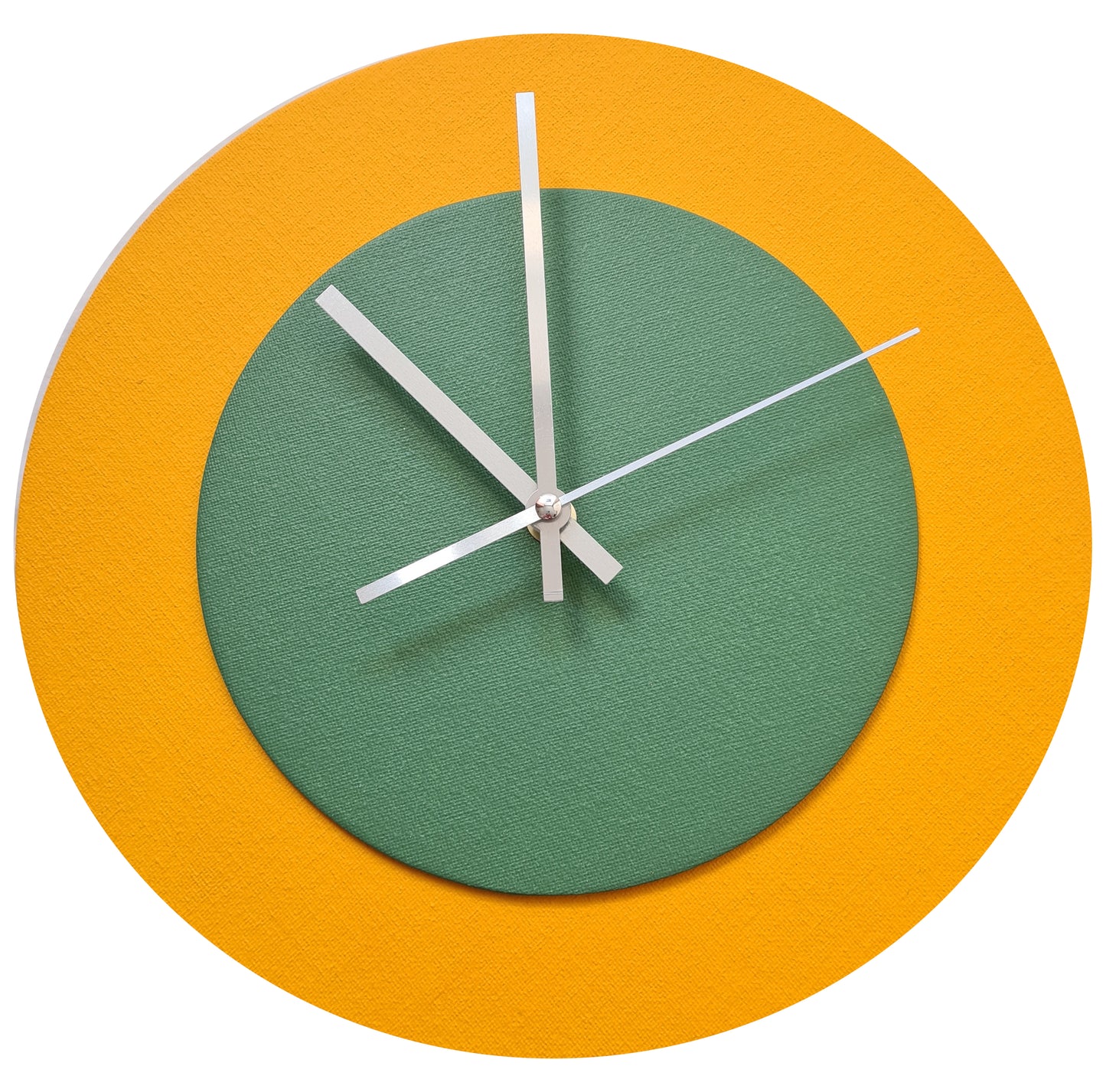 Pop Art Wanduhr Sonnengelb  Laubgrün mit silbernen Zeigern 30 cm rund
