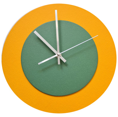 Pop Art Wanduhr Sonnengelb  Laubgrün mit silbernen Zeigern 30 cm rund

