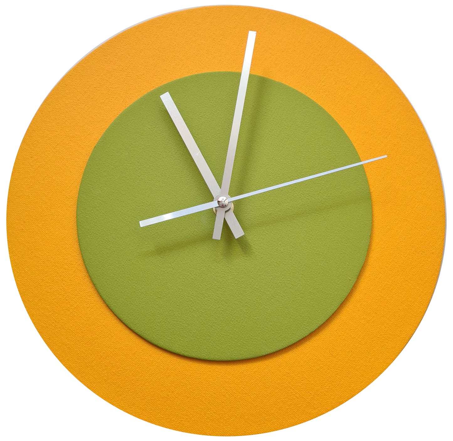 Pop Art Wanduhr Sonnengelb  Olivgrün mit silbernen Zeigern 30 cm rund
